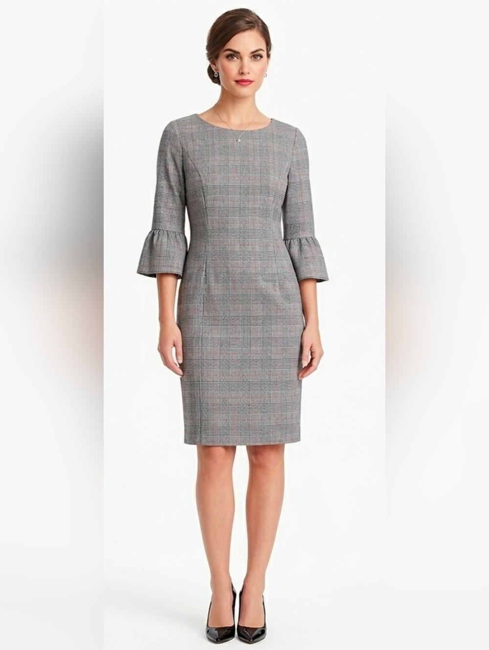 NWT Talbots Glen Plaid Sheath in Black Multi Flounce Bell Sleeve Dress 6 $169